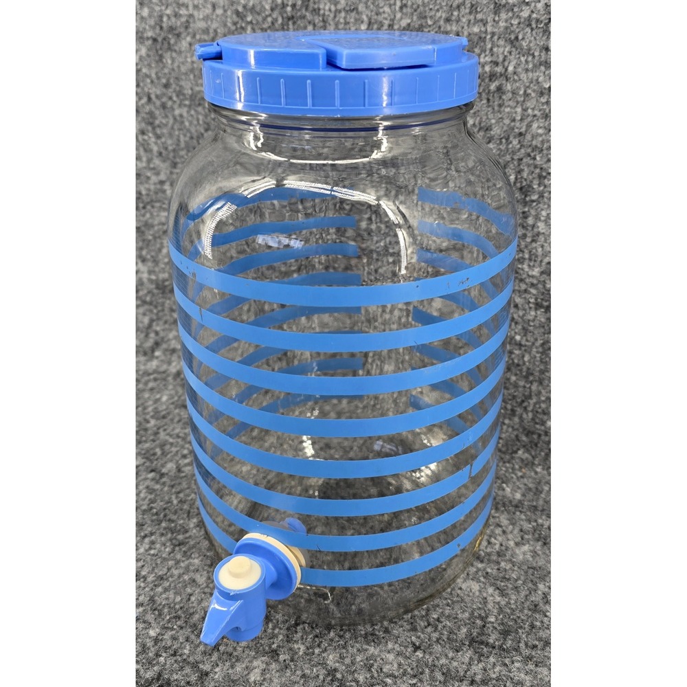 Vtg 90s Sun Tea Jar 1 Gal. Blue Striped Glass Beverage Dispenser Spigot Coastal